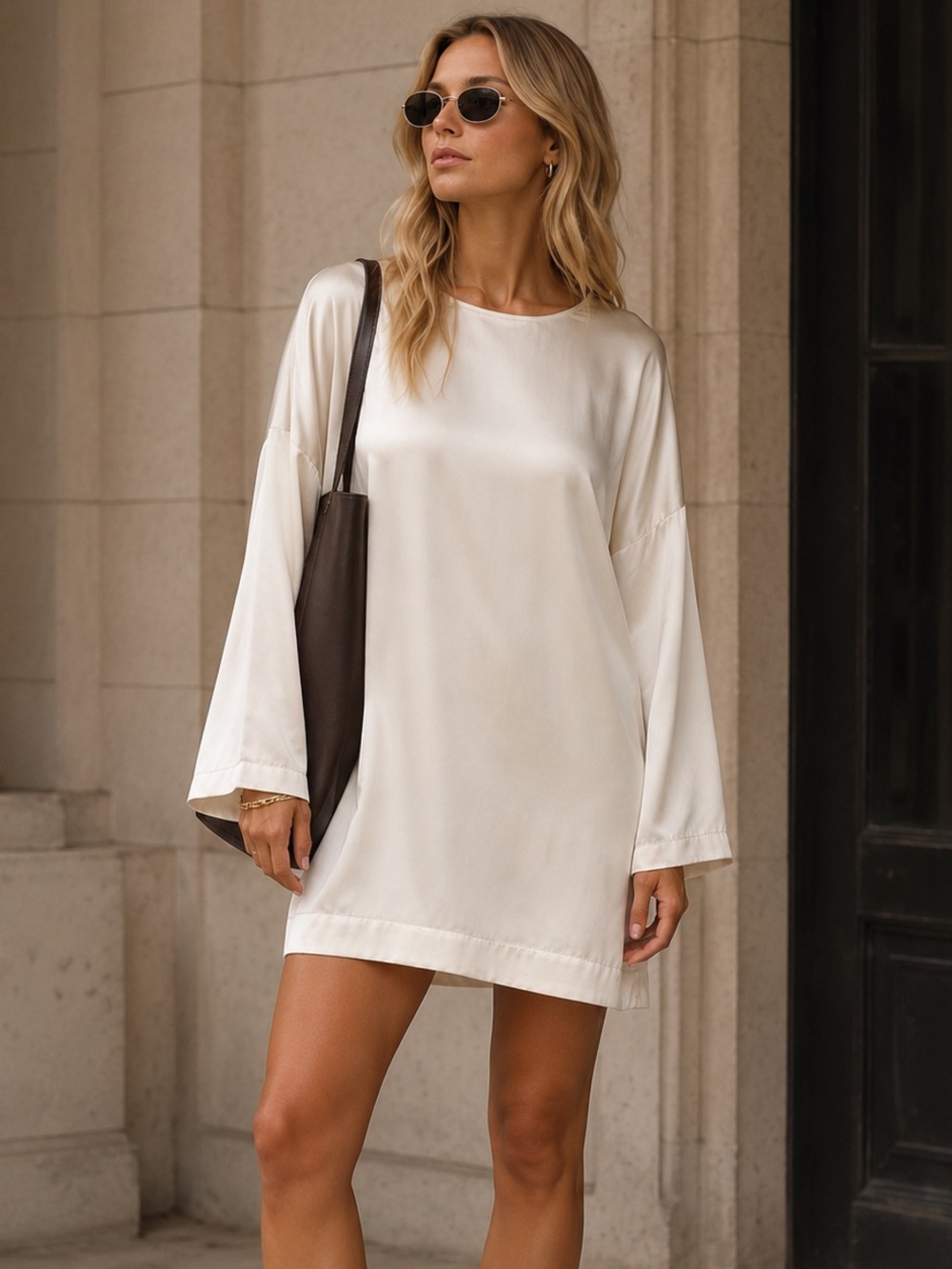 Birgitte Herskind Silky Ivory Long Sleeve Shift Dress